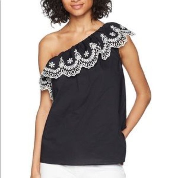 New KATE SPADE One Off Shoulder Eyelet Ruffle Blouse Top Cotton Black White Sz S - Picture 8 of 15